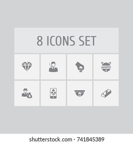 Set Of 8 Gambling Icons Set.Collection Of Online Casino, Gentleman, Security Camera And Other Elements.