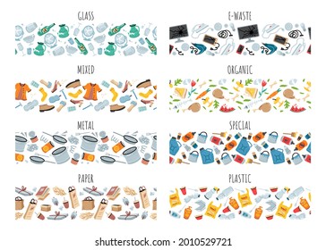 Set of 8 garbage seamless patterns with trash items. Vector texture. Rubbish seamless patterns. Trash backgrounds with crumpled paper, plastic bottle, old clothes, food, broken appliances