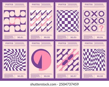 Set of 8 geometric posters featuring checkerboard patterns, abstract shapes, X and O symbols, and swirling optical illusions. Minimalistic vector design in purple and pink.