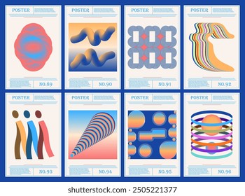 Set of 8 geometric posters featuring abstract waveforms, layered shapes, concentric patterns, and gradient color schemes. Minimalistic vector designs, in blue, orange, and pink.