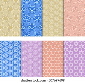 Set of 8 geometric seamless pattern. VECTOR ILLUSTRATION. Pattern of circles, stars, cubes. for wallpaper design, prints, interior decoration, scrapbooking, backgrounds fill the site, web design