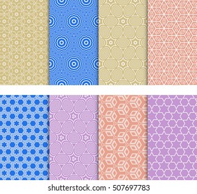 Set of 8 geometric seamless pattern. VECTOR ILLUSTRATION. Pattern of circles, stars, cubes. for wallpaper design, prints, interior decoration, scrapbooking, backgrounds fill the site, web design