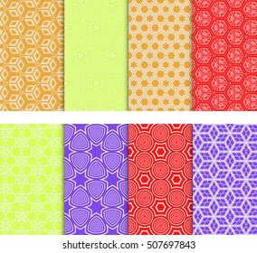 Set of 8 geometric seamless pattern. VECTOR ILLUSTRATION. Pattern of circles, stars, cubes. for wallpaper design, prints, interior decoration, scrapbooking, backgrounds fill the site, web design
