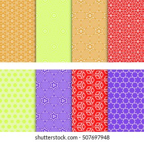 Set of 8 geometric seamless pattern. VECTOR ILLUSTRATION. Pattern of circles, stars, cubes. for wallpaper design, prints, interior decoration, scrapbooking, backgrounds fill the site, web design
