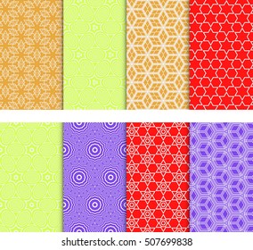 Set of 8 geometric seamless pattern. VECTOR ILLUSTRATION. Pattern of circles, stars, cubes. for wallpaper design, prints, interior decoration, scrapbooking, backgrounds fill the site, web design