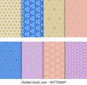 Set of 8 geometric seamless pattern. VECTOR ILLUSTRATION. Pattern of circles, stars, cubes. for wallpaper design, prints, interior decoration, scrapbooking, backgrounds fill the site, web design