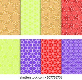 Set of 8 geometric seamless pattern. VECTOR ILLUSTRATION. Pattern of circles, stars, cubes. for wallpaper design, prints, interior decoration, scrapbooking, backgrounds fill the site, web design