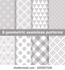 Set of 8 geometric seamless vector patterns with different shapes. Can be used in kids clothes, kitchen textile, cover of notebook, web background and other design works