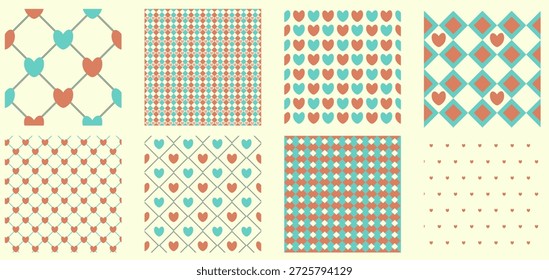 A set of 8 geometric transparent seamless patterns with hearts and squares, colored in retro colors. These simple patterns are perfect for Valentine's Day cards, weddings, and more.