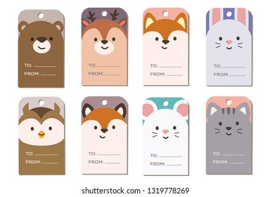 Set of 8 gift tags with cute woodland pets animal vector illustration in warm colour