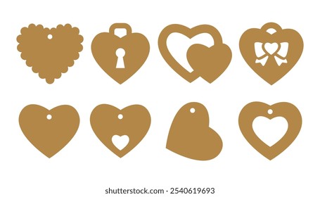 Set of 8 gift tags shapes with hearts. Valentine's Day tag stencils. Vector templates for cutting. Craft paper or cardboard labels cut files