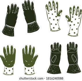 Set of 8 gloves for garden landscape design works, hand drawn, sketch style