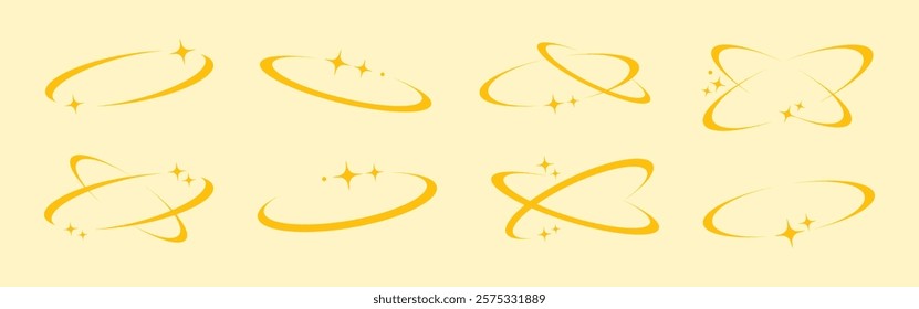 Set of 8 golden swoosh elements. Each swoosh design is unique. Golden swoosh graphics ideal for logos, icons, or design accents. Isolated illustration elements, vector set.