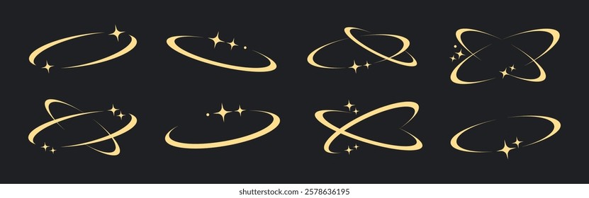 Set of 8 golden swoosh star designs on a dark background. Each swoosh star has a unique shape. Perfect for celestial-themed projects. Isolated illustration elements, vector set.