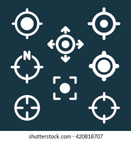 Set of 8 GPS target location symbols. Navigation icons as silhouettes isolated on dark background. Vector EPS8 illustration.
