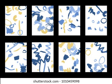 Set of 8 Greeting Cards on White Background. Light Base for Book or Notepad Cover, Invitation, Poster or Banner. Bright Brush Strokes on Retro Style of Early 90s. Set of Abstract Backgrounds.