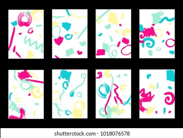 Set of 8 Greeting Cards on White Background. Light Base for Book or Notepad Cover, Invitation, Poster or Banner. Bright Brush Strokes on Retro Style of Early 90s. Set of Abstract Backgrounds.