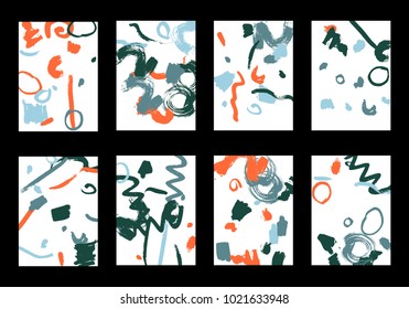 Set of 8 Greeting Cards on White Background. Light Base for Book or Notepad Cover, Invitation, Poster or Banner. Bright Brush Strokes on Retro Style of Early 90s. Set of Abstract Backgrounds.