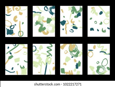 Set of 8 Greeting Cards on White Background. Light Base for Book or Notepad Cover, Invitation, Poster or Banner. Bright Brush Strokes on Retro Style of Early 90s. Set of Abstract Backgrounds.