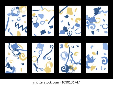 Set of 8 Greeting Cards on White Background. Light Base for Book or Notepad Cover, Invitation, Poster or Banner. Bright Brush Strokes on Retro Style of Early 90s. Set of Abstract Backgrounds.