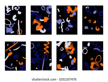 Set of 8 Greeting Cards on Black Background. Dark Base for Book or Notepad Cover, Invitation, Poster or Banner. Bright Brush Strokes on Retro Style of Early 90s. Set of Abstract Backgrounds.