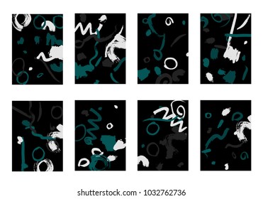 Set of 8 Greeting Cards on Black Background. Dark Base for Book or Notepad Cover, Invitation, Poster or Banner. Bright Brush Strokes on Retro Style of Early 90s. Set of Abstract Backgrounds.