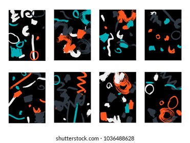 Set of 8 Greeting Cards on Black Background. Dark Base for Book or Notepad Cover, Invitation, Poster or Banner. Bright Brush Strokes on Retro Style of Early 90s. Set of Abstract Backgrounds.