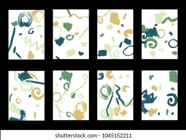 Set of 8 Greeting Cards on White Background. Light Base for Book or Notepad Cover, Invitation, Poster or Banner. Bright Brush Strokes on Retro Style of Early 90s. Set of Abstract Backgrounds.