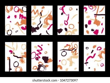 Set of 8 Greeting Cards on White Background. Light Base for Book or Notepad Cover, Invitation, Poster or Banner. Bright Brush Strokes on Retro Style of Early 90s. Set of Abstract Backgrounds.