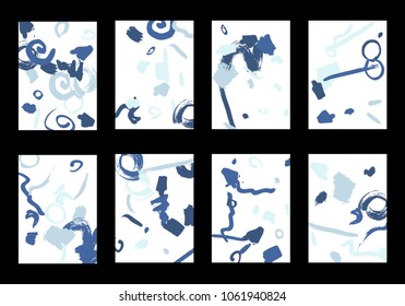 Set of 8 Greeting Cards on White Background. Light Base for Book or Notepad Cover, Invitation, Poster or Banner. Bright Brush Strokes on Retro Style of Early 90s. Set of Abstract Backgrounds.