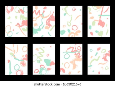 Set of 8 Greeting Cards on White Background. Light Base for Book or Notepad Cover, Invitation, Poster or Banner. Bright Brush Strokes on Retro Style of Early 90s. Set of Abstract Backgrounds.