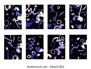Set of 8 Greeting Cards on Black Background. Dark Base for Book or Notepad Cover, Invitation, Poster or Banner. Bright Brush Strokes on Retro Style of Early 90s. Set of Abstract Backgrounds.