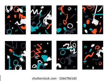 Set of 8 Greeting Cards on Black Background. Dark Base for Book or Notepad Cover, Invitation, Poster or Banner. Bright Brush Strokes on Retro Style of Early 90s. Set of Abstract Backgrounds.