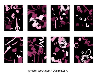 Set of 8 Greeting Cards on Black Background. Dark Base for Book or Notepad Cover, Invitation, Poster or Banner. Bright Brush Strokes on Retro Style of Early 90s. Set of Abstract Backgrounds.