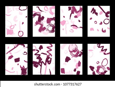 Set of 8 Greeting Cards on White Background. Light Base for Book or Notepad Cover, Invitation, Poster or Banner. Bright Brush Strokes on Retro Style of Early 90s. Set of Abstract Backgrounds.