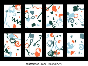 Set of 8 Greeting Cards on White Background. Light Base for Book or Notepad Cover, Invitation, Poster or Banner. Bright Brush Strokes on Retro Style of Early 90s. Set of Abstract Backgrounds.