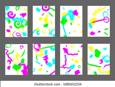 Set of 8 Greeting Cards on White Background. Light Base for Book or Notepad Cover, Invitation, Poster or Banner. Bright Brush Strokes on Retro Style of Early 90s. Set of Abstract Backgrounds.