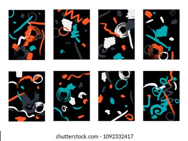 Set of 8 Greeting Cards on Black Background. Dark Base for Book or Notepad Cover, Invitation, Poster or Banner. Bright Brush Strokes on Retro Style of Early 90s. Set of Abstract Backgrounds.