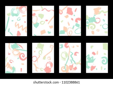 Set of 8 Greeting Cards on White Background. Light Base for Book or Notepad Cover, Invitation, Poster or Banner. Bright Brush Strokes on Retro Style of Early 90s. Set of Abstract Backgrounds.