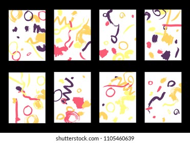 Set of 8 Greeting Cards on White Background. Light Base for Book or Notepad Cover, Invitation, Poster or Banner. Bright Brush Strokes on Retro Style of Early 90s. Set of Abstract Backgrounds.
