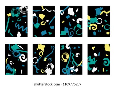 Set of 8 Greeting Cards on Black Background. Dark Base for Book or Notepad Cover, Invitation, Poster or Banner. Bright Brush Strokes on Retro Style of Early 90s. Set of Abstract Backgrounds.