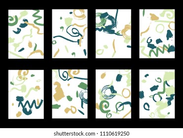 Set of 8 Greeting Cards on White Background. Light Base for Book or Notepad Cover, Invitation, Poster or Banner. Bright Brush Strokes on Retro Style of Early 90s. Set of Abstract Backgrounds.