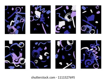 Set of 8 Greeting Cards on Black Background. Dark Base for Book or Notepad Cover, Invitation, Poster or Banner. Bright Brush Strokes on Retro Style of Early 90s. Set of Abstract Backgrounds.