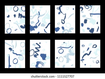 Set of 8 Greeting Cards on White Background. Light Base for Book or Notepad Cover, Invitation, Poster or Banner. Bright Brush Strokes on Retro Style of Early 90s. Set of Abstract Backgrounds.