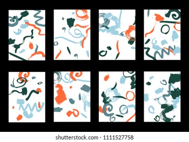 Set of 8 Greeting Cards on White Background. Light Base for Book or Notepad Cover, Invitation, Poster or Banner. Bright Brush Strokes on Retro Style of Early 90s. Set of Abstract Backgrounds.