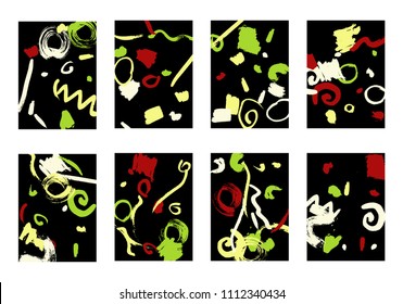 Set of 8 Greeting Cards on Black Background. Dark Base for Book or Notepad Cover, Invitation, Poster or Banner. Bright Brush Strokes on Retro Style of Early 90s. Set of Abstract Backgrounds.