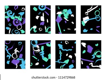 Set of 8 Greeting Cards on Black Background. Dark Base for Book or Notepad Cover, Invitation, Poster or Banner. Bright Brush Strokes on Retro Style of Early 90s. Set of Abstract Backgrounds.