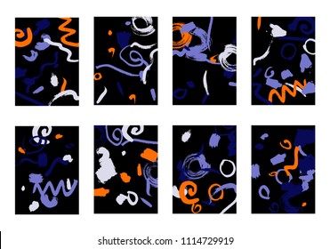 Set of 8 Greeting Cards on Black Background. Dark Base for Book or Notepad Cover, Invitation, Poster or Banner. Bright Brush Strokes on Retro Style of Early 90s. Set of Abstract Backgrounds.
