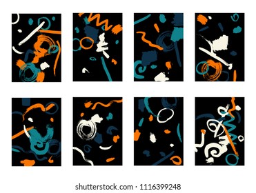 Set of 8 Greeting Cards on Black Background. Dark Base for Book or Notepad Cover, Invitation, Poster or Banner. Bright Brush Strokes on Retro Style of Early 90s. Set of Abstract Backgrounds.