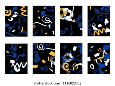Set of 8 Greeting Cards on Black Background. Dark Base for Book or Notepad Cover, Invitation, Poster or Banner. Bright Brush Strokes on Retro Style of Early 90s. Set of Abstract Backgrounds.
